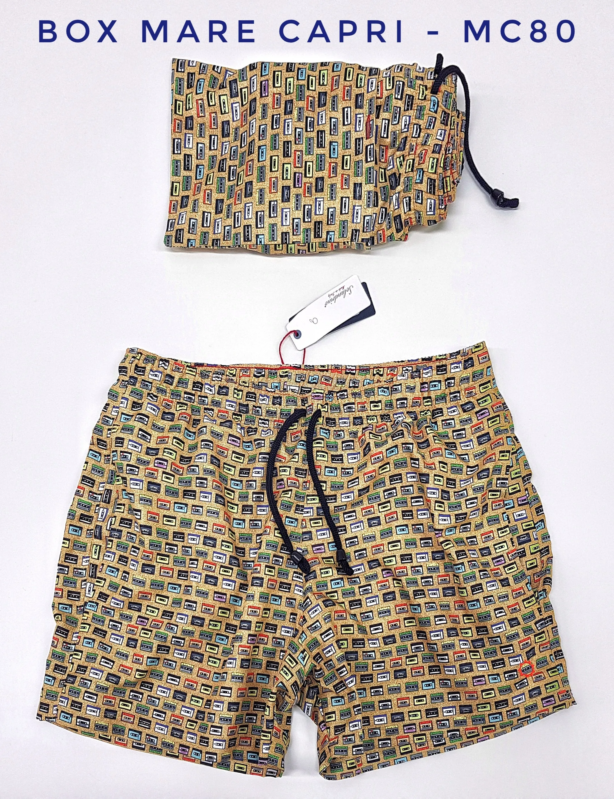 Costume da Bagno in morbido tessuto slip interno asciugatura rapida Boxer mare Uomo fantasia Musicassetta yellow con 2 tasche la